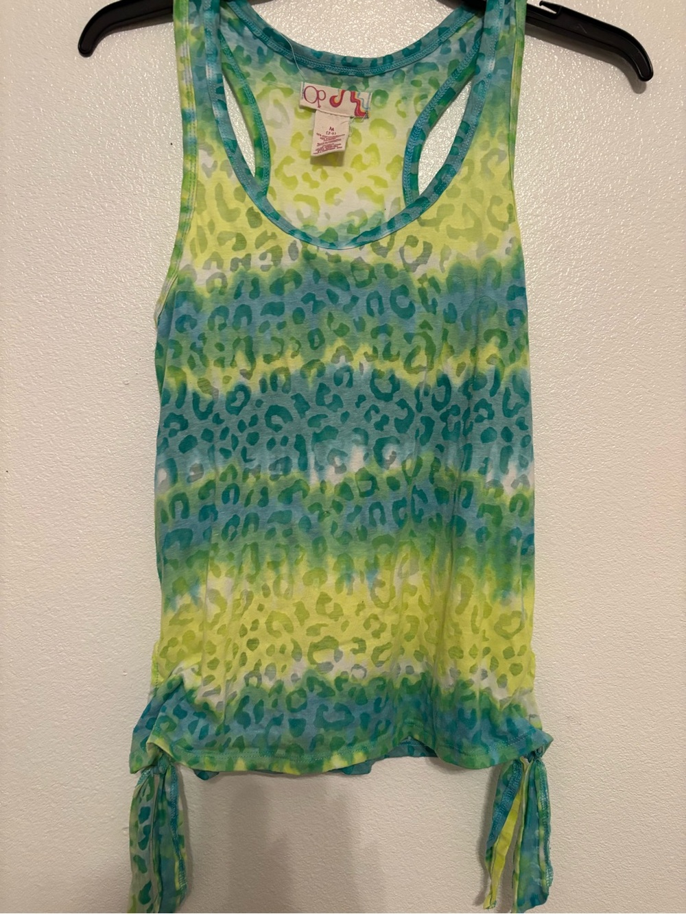 Op Tie-Hem Racerback Tank in Teal & Lime Leopard Print M